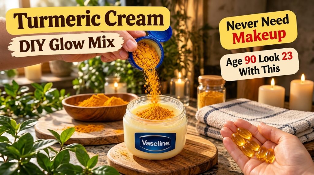 A close-up of a hand pouring golden turmeric powder from a small blue container into a jar of Vaseline cream Another han