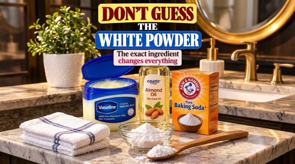 Various common household and beauty products including Vaseline almond oil and baking soda arranged on a speckled counte