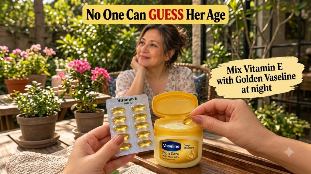 Hands mixing Vitamin E oil from a capsule into a jar of Vaseline Petroleum Jelly
