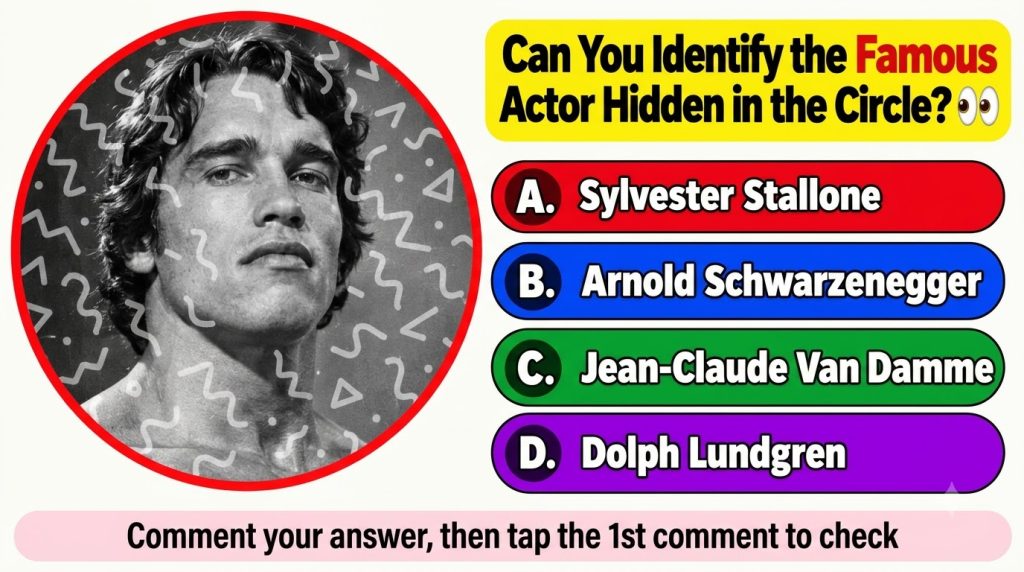 A black and white portrait of a young Arnold Schwarzenegger in a red-bordered circle with a squiggly texture as seen in 