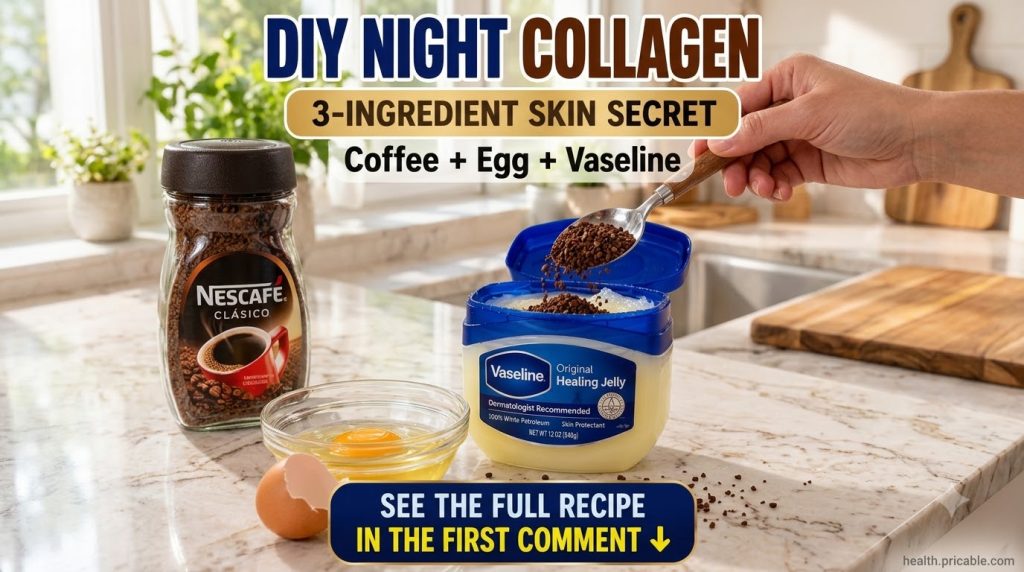 Ingredients for a DIY night collagen mask coffee granules a raw egg in a glass bowl and an open tub of Vaseline on a lig