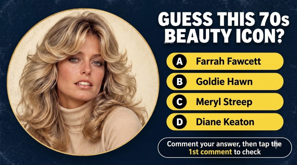 A 1970s portrait of Farrah Fawcett with blonde feathered hair wearing a beige turtleneck