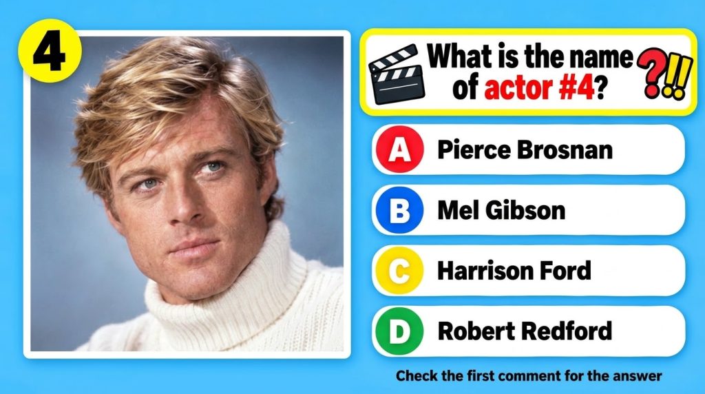 A social media quiz card featuring a grid of four celebrity portraits and the question What is the name of actor 4 with 