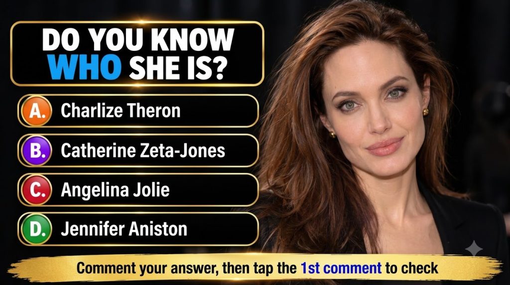 A vertical mobile quiz card showing a headshot of Angelina Jolie from the chest up with reddish-brown hair flowing over
