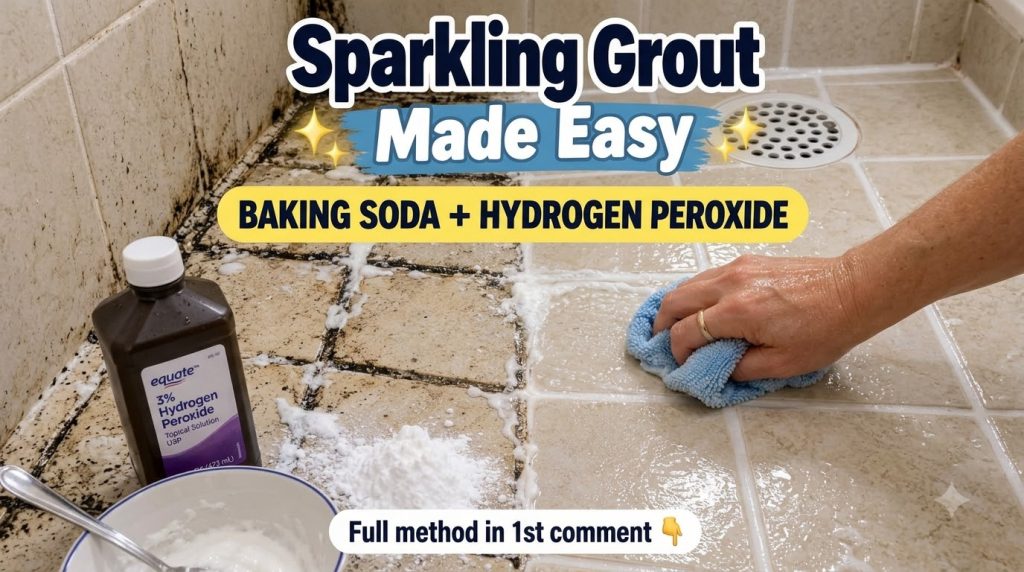 A split image showing dirty moldy grout lines on bathroom tiles on the left and bright clean grout on the right with a h