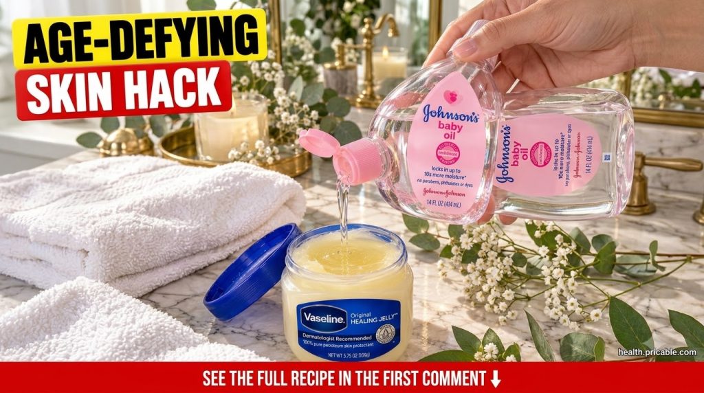 A hand pouring baby oil into a small jar of petroleum jelly set on a marble surface with a subtle reflection The focus i