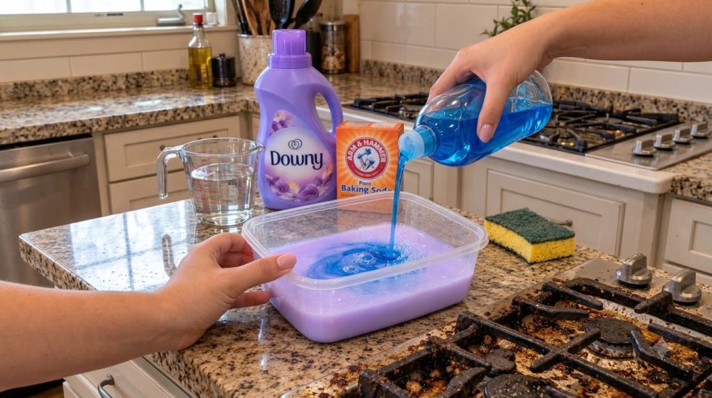 Hands pouring blue dish soap into a container with purple fabric softener on a kitchen counter with baking soda and a di