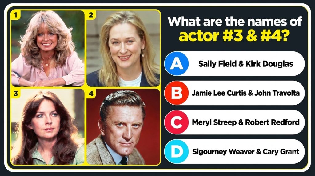 A quiz graphic showing four celebrity portraits Farrah Fawcett Meryl Streep Sally Field and Kirk Douglas Below them a qu