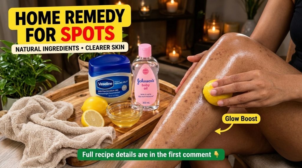 A person s leg with visible hyperpigmentation spots Next to it a wooden tray holds Vaseline Johnson s baby oil a bowl of