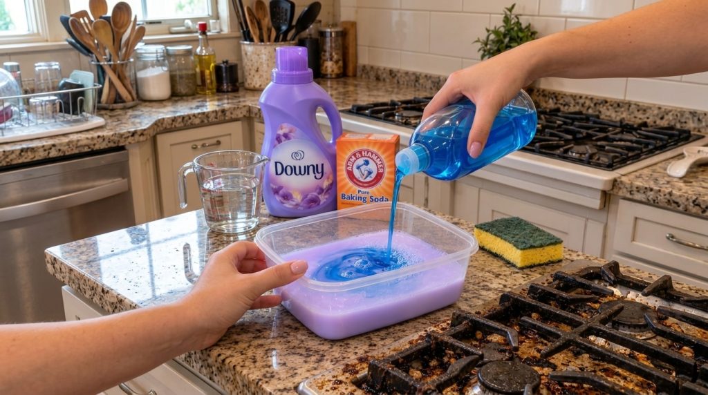 A hand pouring blue dish soap into a container with purple liquid with Downy fabric softener and baking soda in the back