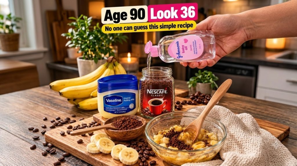 A hand pouring baby oil into a bowl of instant coffee next to mashed bananas and a tub of Vaseline on a wooden board rea