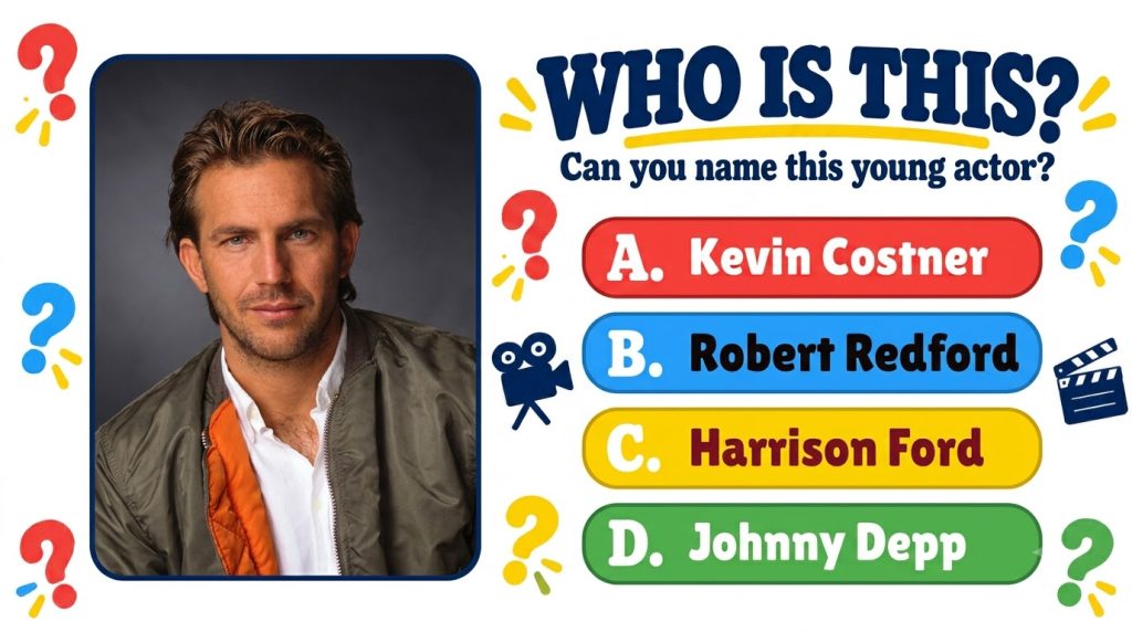 A vibrant quiz poster titled WHO IS THIS Can you name this young actor featuring a headshot of a young Kevin Costner in 