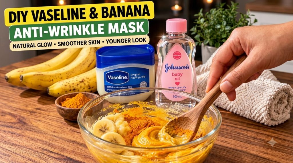 A close-up top-down view of ingredients for a homemade anti-wrinkle mask In a clear glass bowl mashed bananas turmeric p