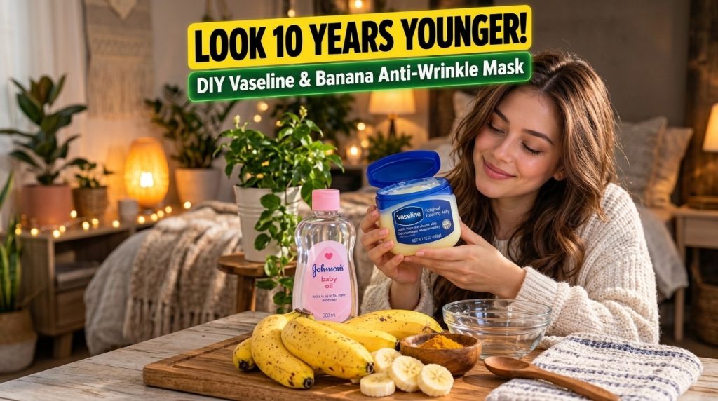 A young woman smiling gently holding an open jar of Vaseline with bananas baby oil and turmeric powder on a wooden board