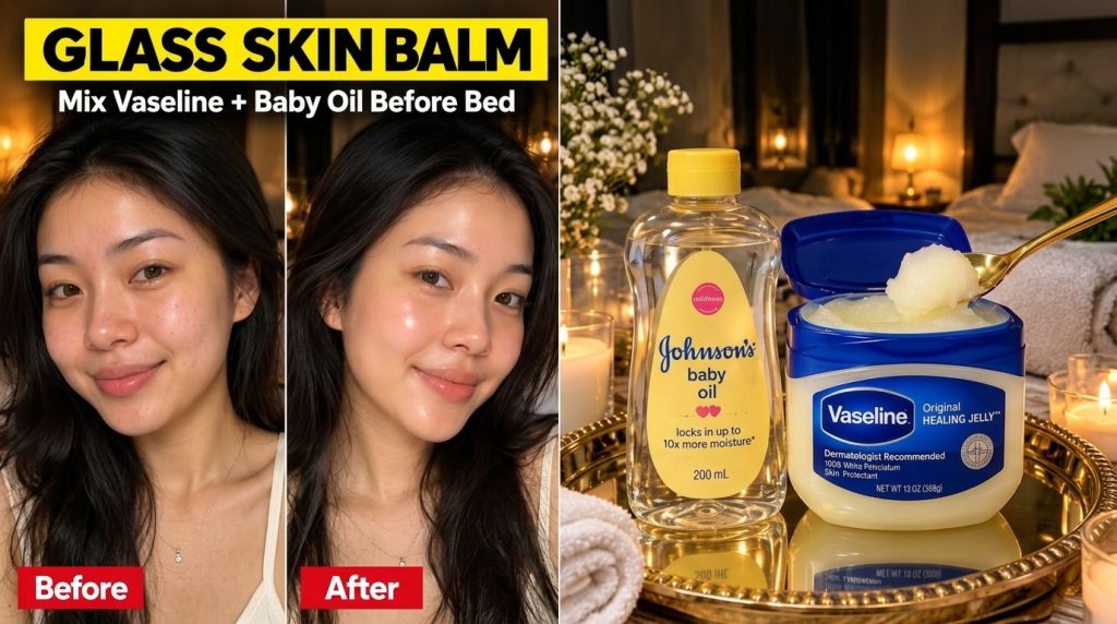 A split-screen showing a woman s face before and after achieving glass skin next to a product shot of Johnson s baby oil