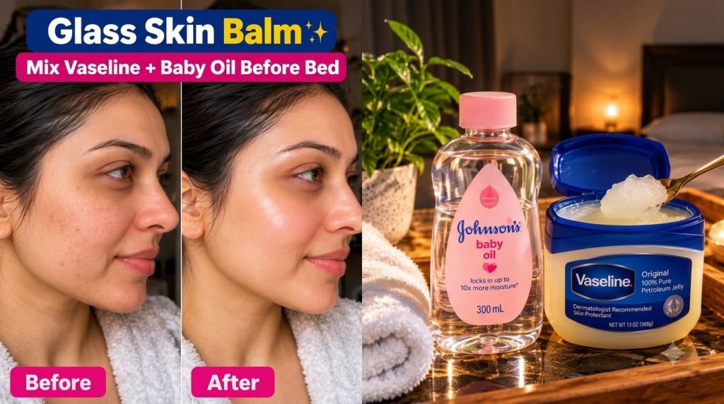 A beauty tutorial showing a Before After comparison for glass skin at the top and two key ingredients Johnson s Baby Oil