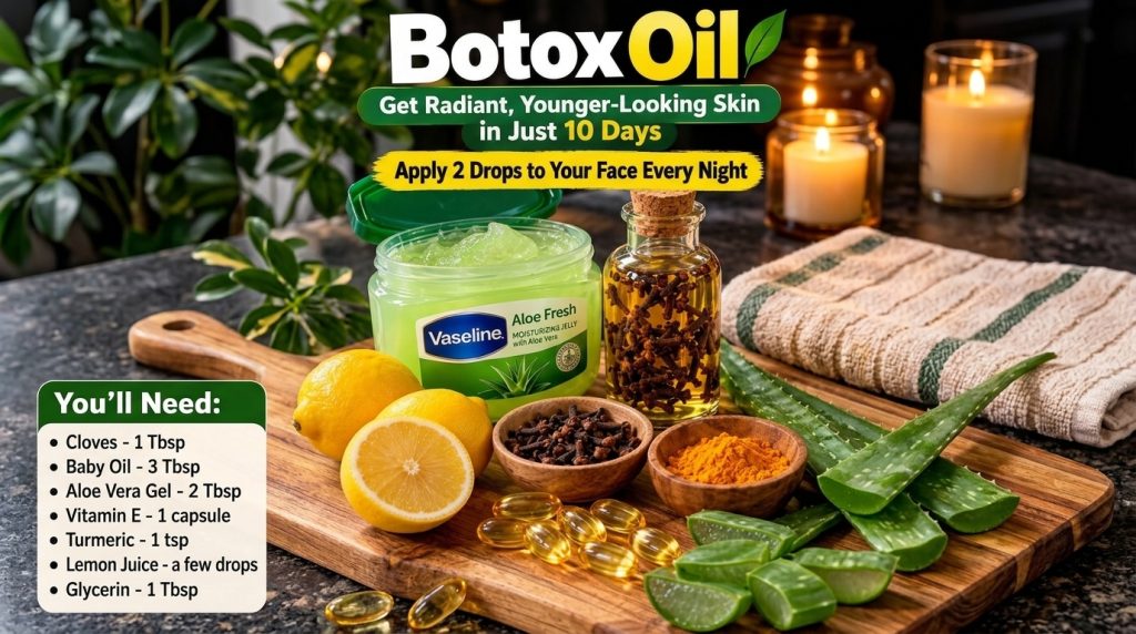 Various natural ingredients laid out on a wooden board including lemons bowls of cloves and turmeric a jar of Vaseline A