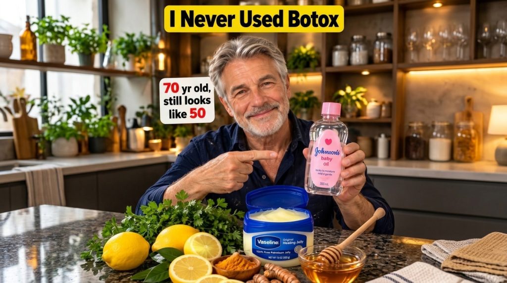 A smiling 70-year-old man pointing to a bottle of Johnson s baby oil with a tub of Vaseline fresh parsley sliced lemons 