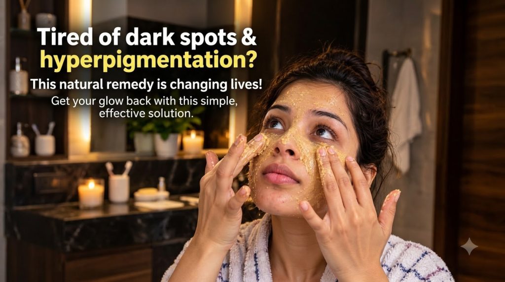 A woman in a bathrobe applying a yellowish face mask made of turmeric and yogurt to her cheeks with a serene expression 