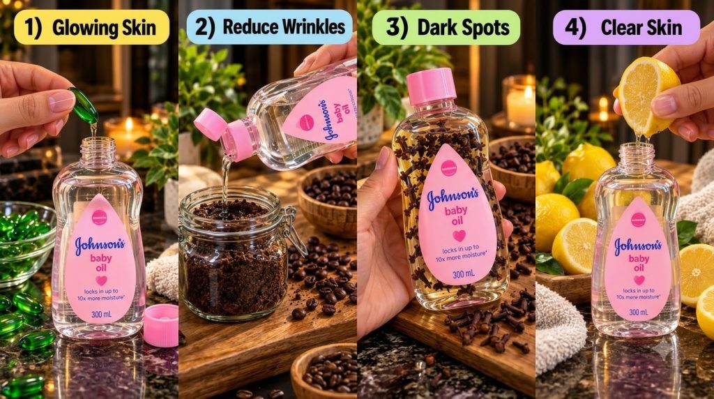 A four-panel grid showing hands mixing Johnson s baby oil with natural ingredients like coffee grounds cloves green caps