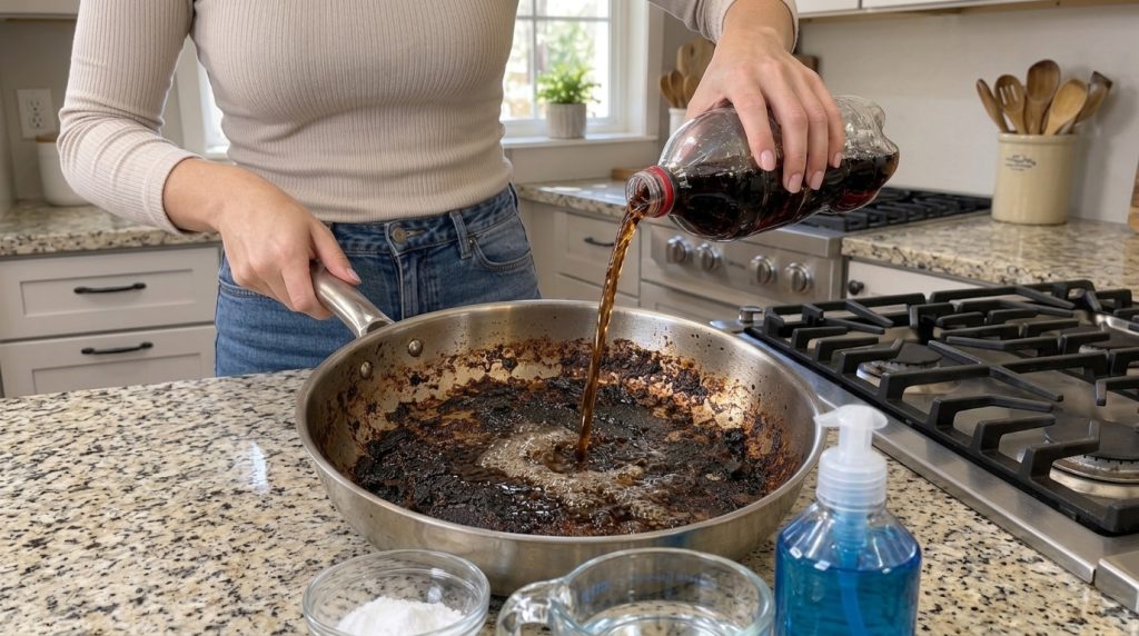 Una persona vierte refresco oscuro de una botella en una sartén de acero inoxidable muy quemada con residuos carbonizado