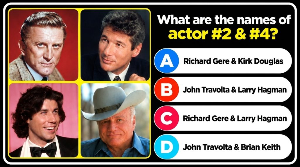 A quiz graphic showing four male actors headshots in a 2x2 grid Actor 1 Kirk Douglas Actor 2 Richard Gere Actor 3 John T
