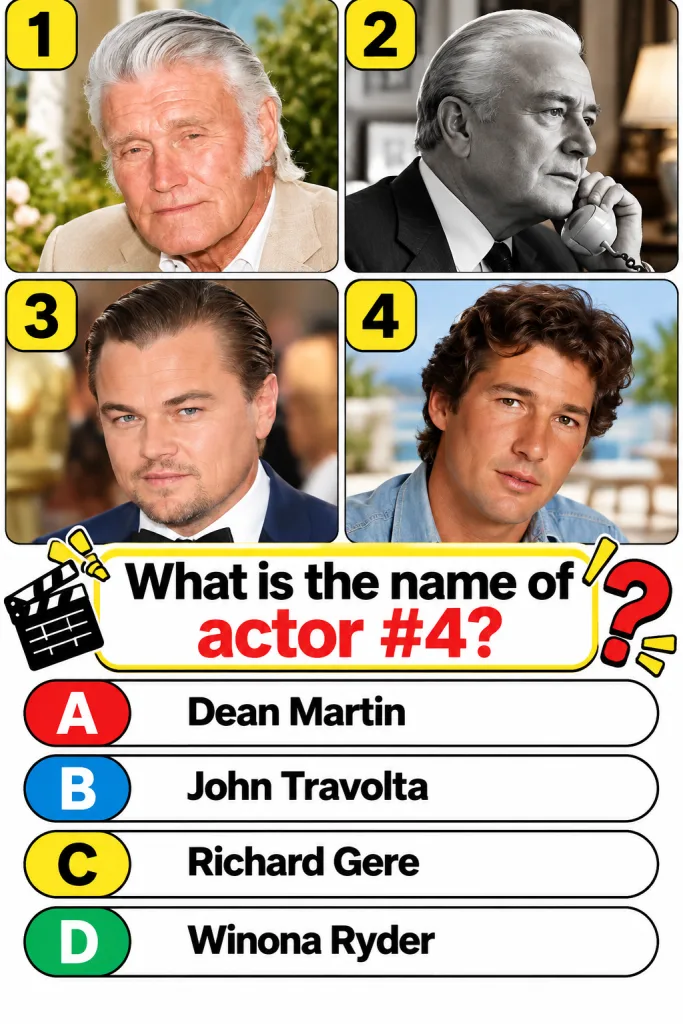 A multiple-choice quiz image showing four celebrity portraits with a question asking to identify actor 4 who is Audrey H