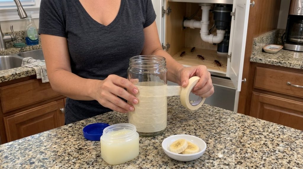 Manos envolviendo cinta de enmascarar en un frasco de vidrio junto a vaselina y rodajas de plátano en un plato blanco co