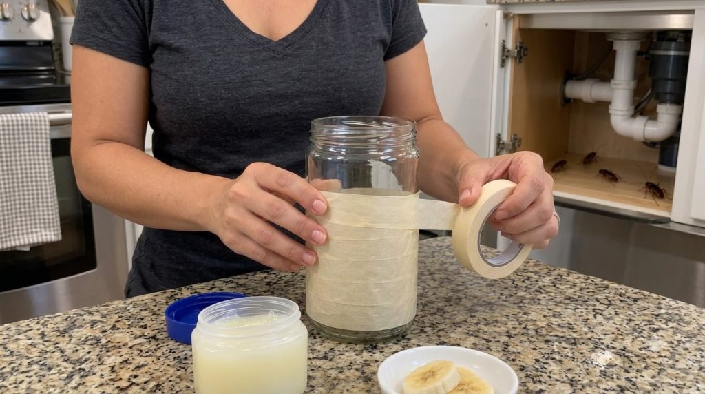 Manos preparando una trampa casera para cucarachas con un frasco de vidrio cinta adhesiva vaselina y rodajas de plátano