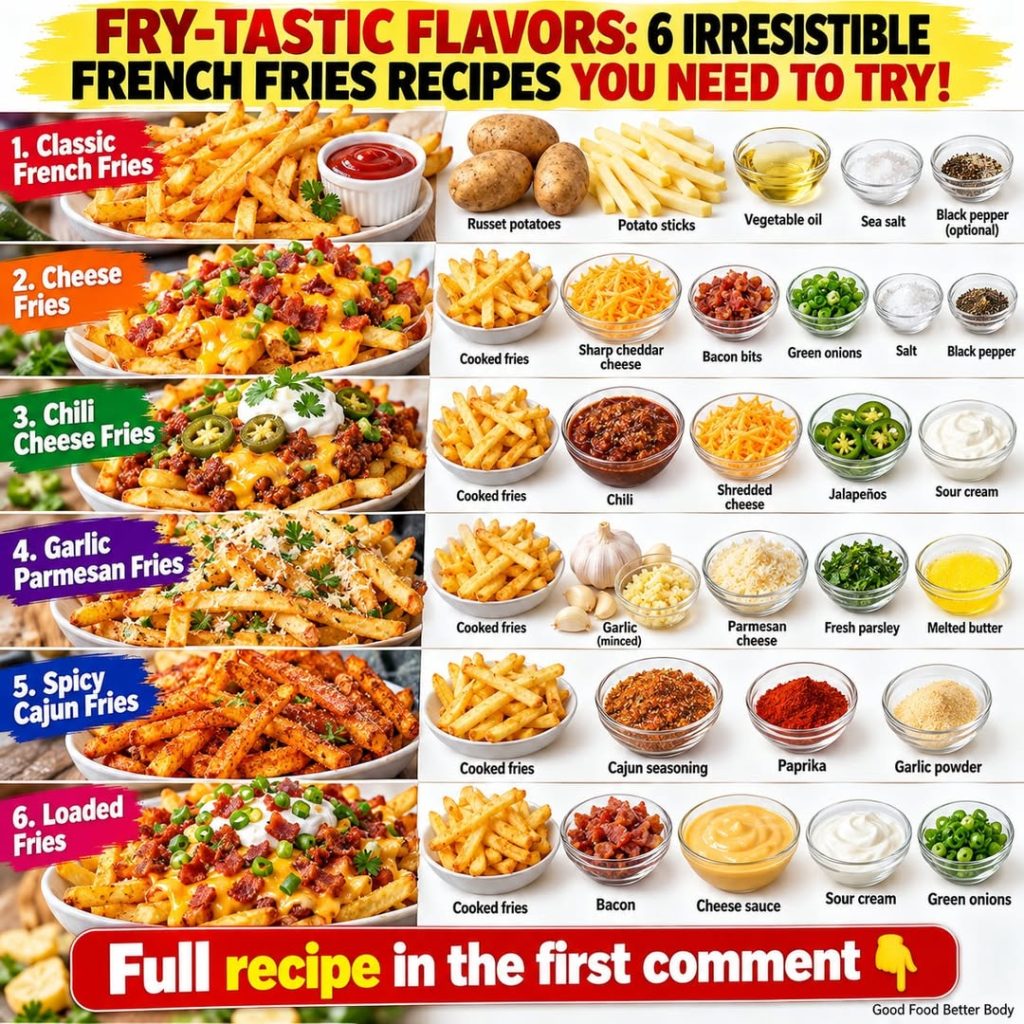A grid of six different types of French fry dishes each with a close-up photo and bowls of ingredients Recipes include C