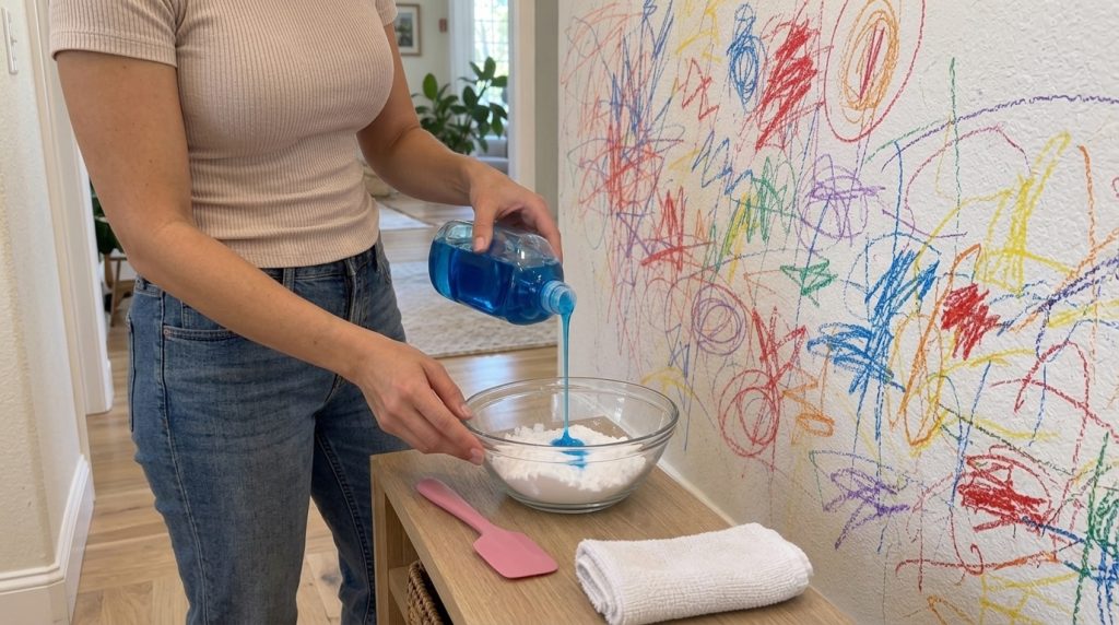 Manos vertiendo un líquido azul vibrante de una botella transparente en un tazón de vidrio con polvo blanco sobre una su