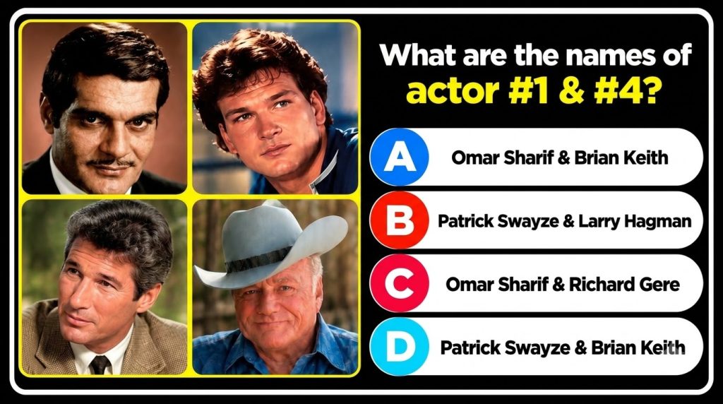 A 2x2 grid of four headshots of male actors Below the portraits a quiz question asks to identify actors 1 and 4 followed