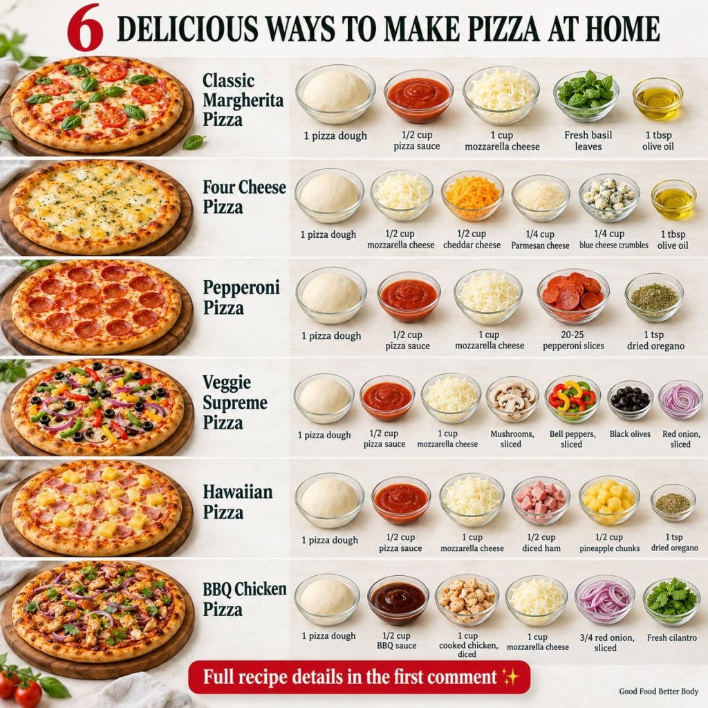 A flat lay of six different homemade pizzas on wooden boards each accompanied by small glass bowls containing its specif