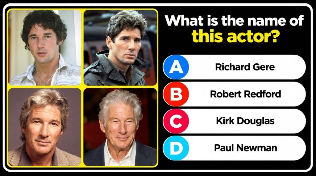 A 2x2 grid of four portraits of actor Richard Gere at different ages from younger to older as seen in the quiz