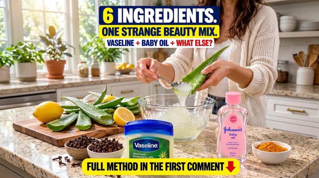 A person s hands are actively scooping fresh aloe vera gel from a leaf into a clear glass bowl on a kitchen counter Near