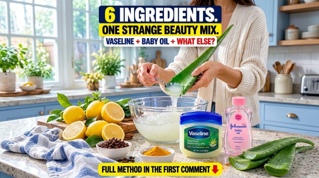 A person s hands scooping aloe vera gel from a leaf into a glass bowl surrounded by a jar of Vaseline baby oil lemons cl