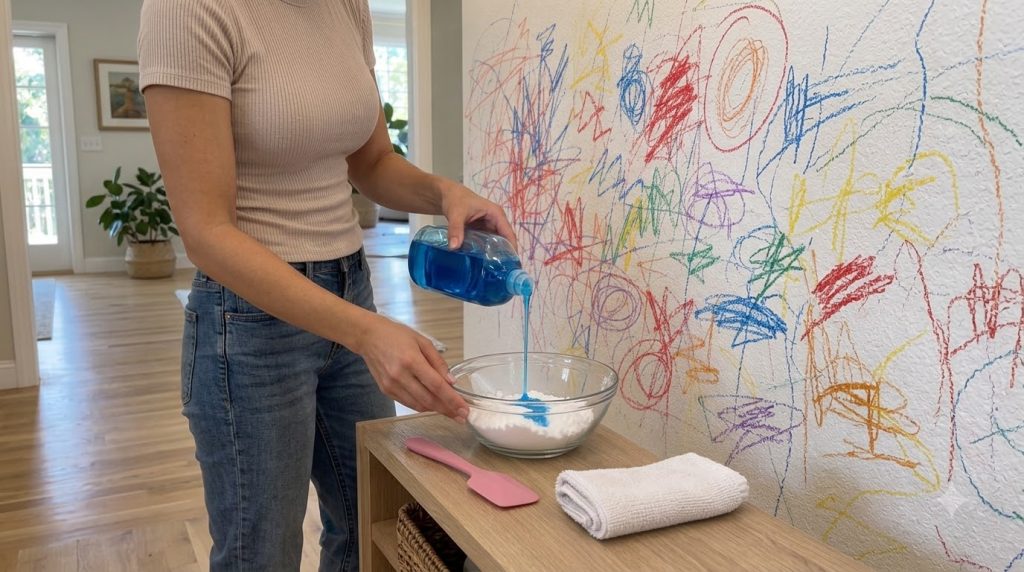 Hands pouring blue dish soap into a bowl with white baking soda powder on a wooden surface with a wall full of colorful 