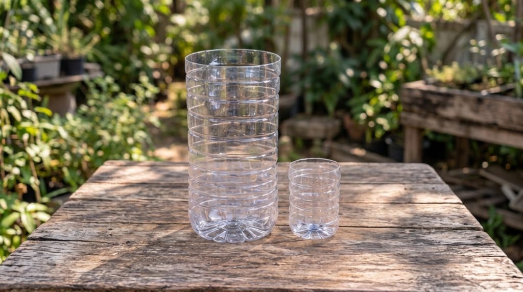 A person s hands demonstrating how to cut a plastic bottle for a self-watering planter showing the top inverted into the