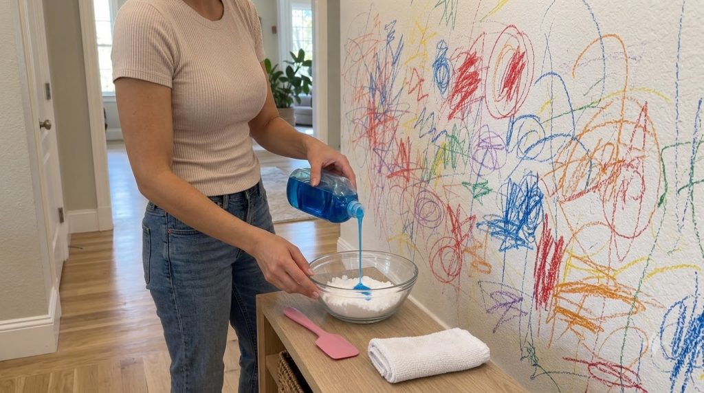 Hands pouring blue dish soap into a bowl with white baking soda powder on a wooden surface A pink spatula is nearby