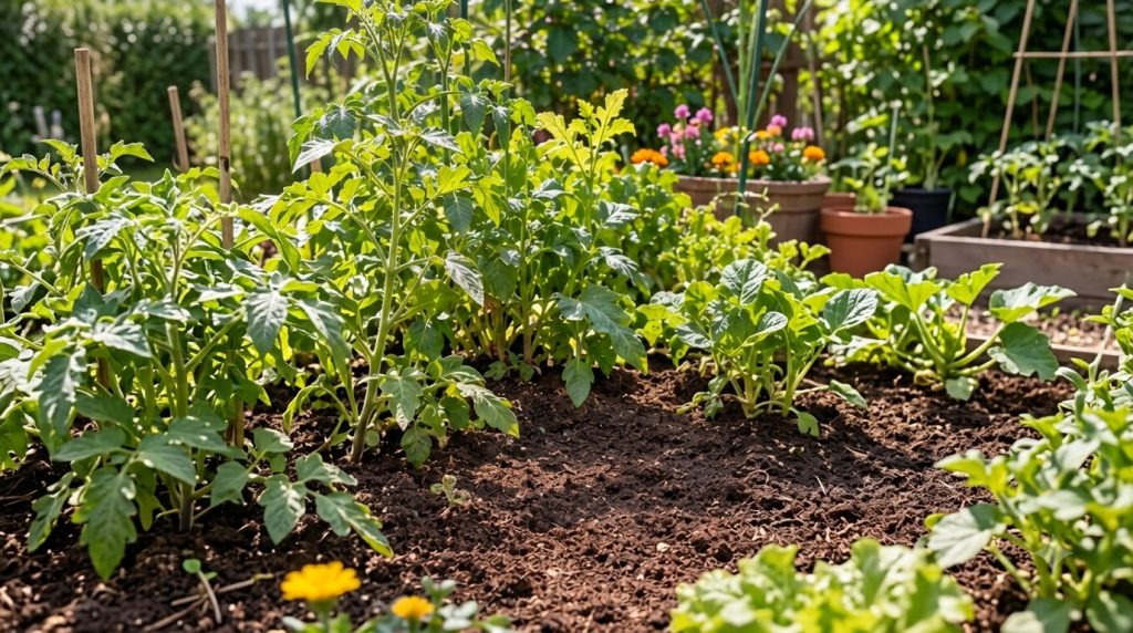 A vibrant healthy garden with various thriving plants In the foreground a DIY composting and irrigation system possibly
