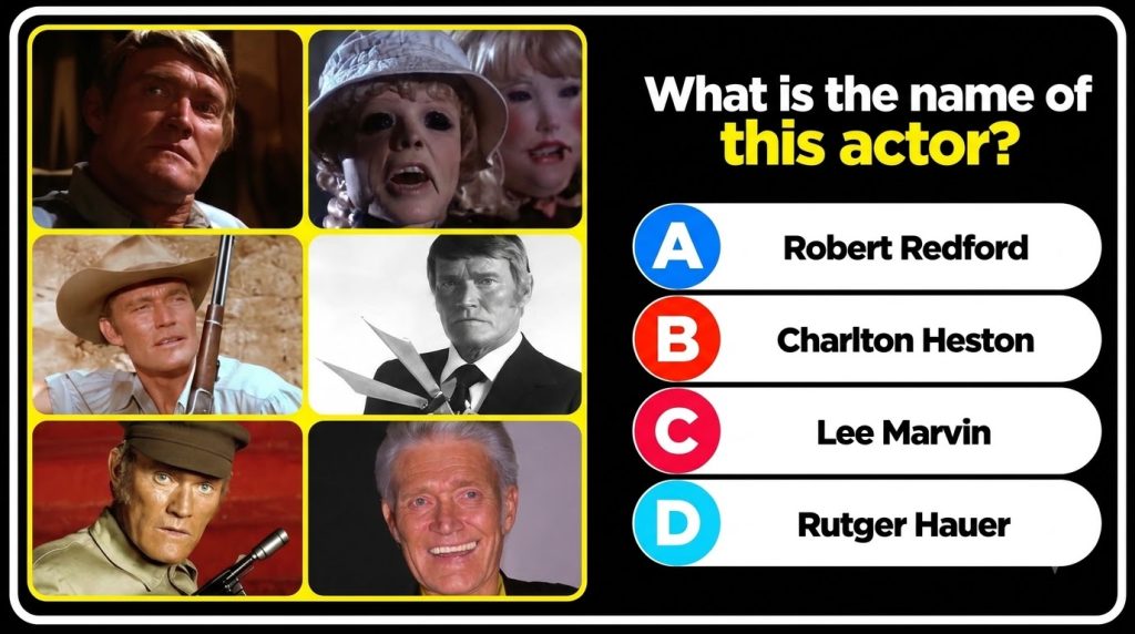 A grid of six images of actor Rutger Hauer in various movie roles from younger to older with a quiz question overlay