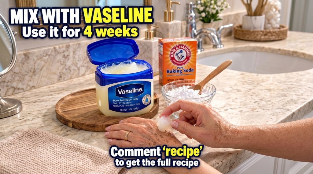 A person s hands applying a mixture of Vaseline and baking soda to the back of the other hand which shows visible age sp