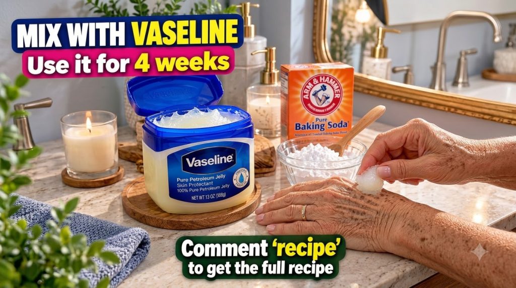 An older person s hands one applying Vaseline to the other which has age spots A tub of Vaseline and a bowl of baking so