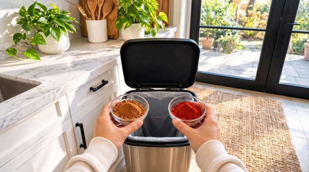 Hands holding two small bowls of spices one brown one red over an open stainless steel trash can in a kitchen setting