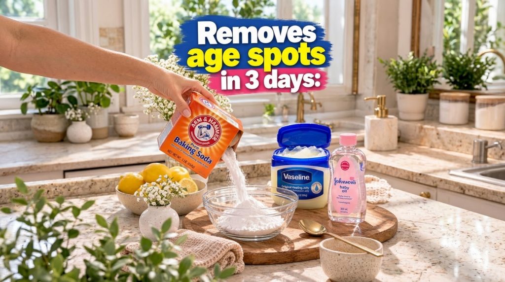 A hand pouring baking soda into a clear glass bowl with an open container of Vaseline and a bottle of baby oil nearby Th