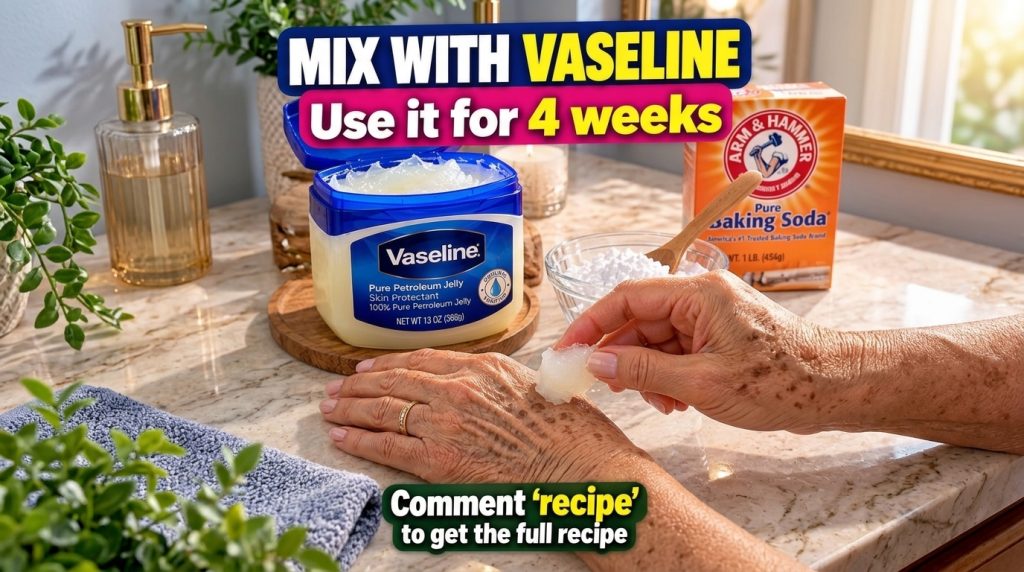 Close-up of hands mixing Vaseline and baking soda for a DIY hand mask with a tub of Vaseline and a bowl of baking soda v
