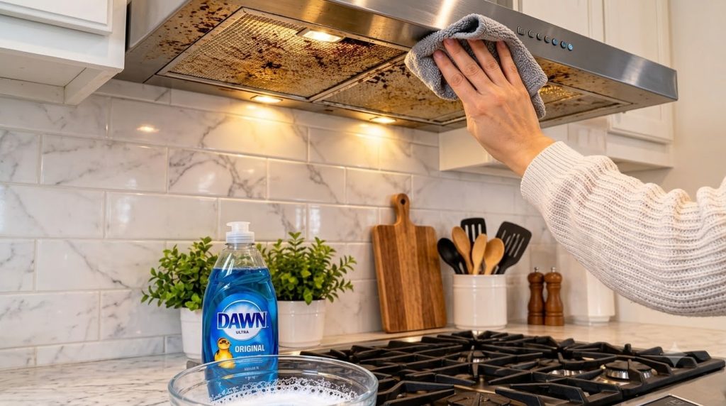 A hand cleaning a very dirty stainless steel range hood filter with a grey microfiber cloth in a modern kitchen setting