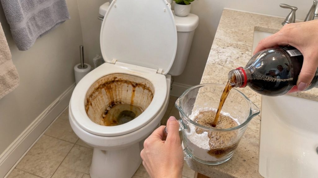 Hands pouring dark cola into a glass measuring cup with white baking soda creating fizz with a blurry stained toilet in 