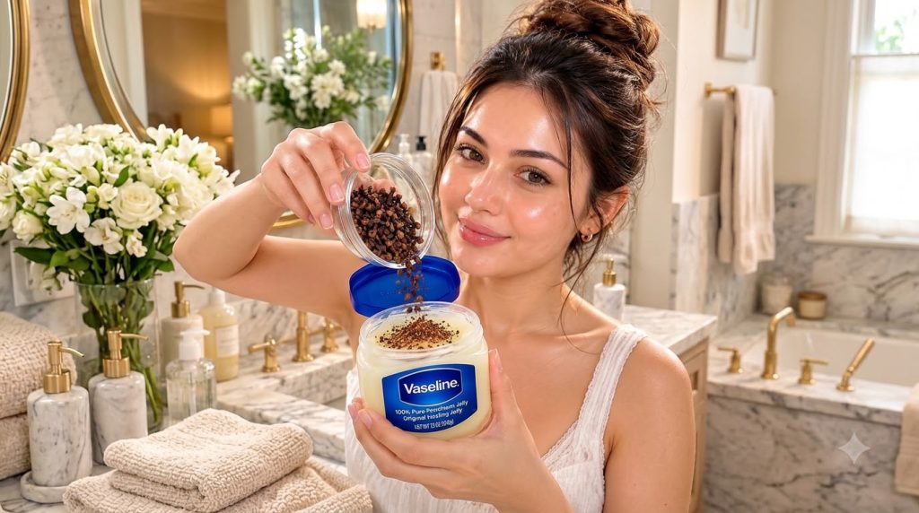 A young woman smiling holding a large jar of Vaseline and pouring cloves both whole and ground into it from a smaller gl