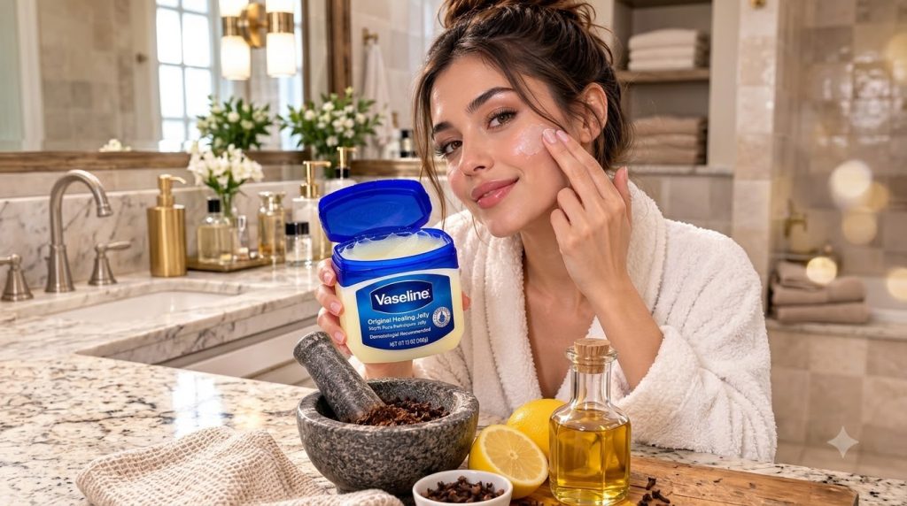 A woman in a bathrobe applying Vaseline Original Healing Jelly to her cheek with lemons cloves and a small bottle of oil